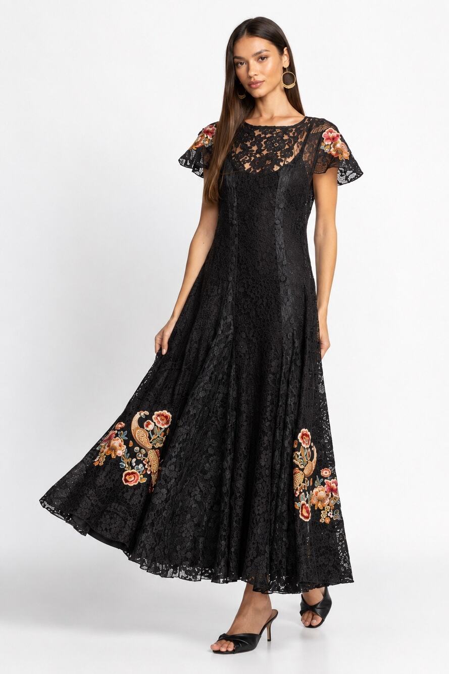 Johnny Was BIYA Cloe Black Lace Embroidered Sheer Maxi Dress Medium Beaded